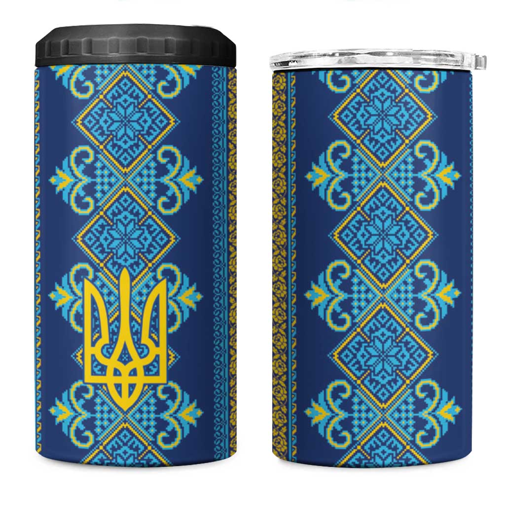 Vyshyvanka Day 4 in 1 Can Cooler Tumbler Ukrainian Folk Traditions Pattern Blue Version