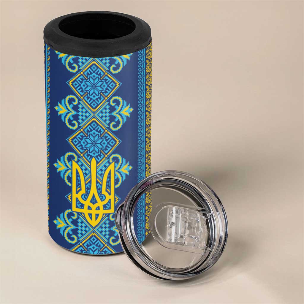 Vyshyvanka Day 4 in 1 Can Cooler Tumbler Ukrainian Folk Traditions Pattern Blue Version