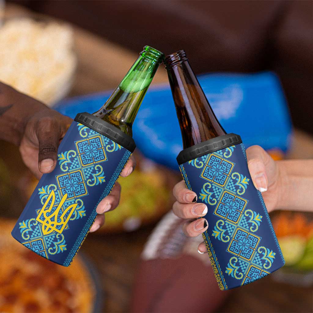 Vyshyvanka Day 4 in 1 Can Cooler Tumbler Ukrainian Folk Traditions Pattern Blue Version