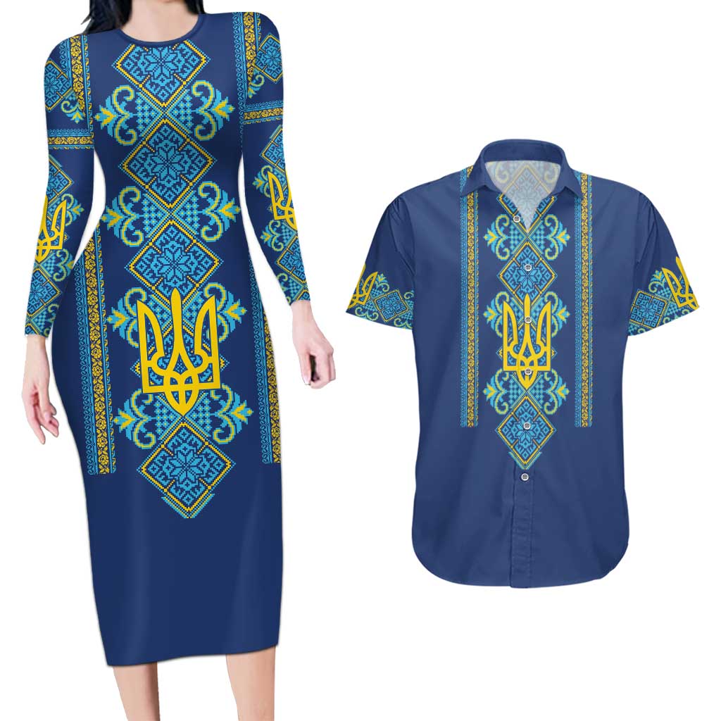 Vyshyvanka Day Couples Matching Long Sleeve Bodycon Dress and Hawaiian Shirt Ukrainian Folk Traditions Pattern Blue Version
