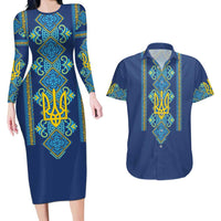 Vyshyvanka Day Couples Matching Long Sleeve Bodycon Dress and Hawaiian Shirt Ukrainian Folk Traditions Pattern Blue Version