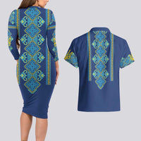 Vyshyvanka Day Couples Matching Long Sleeve Bodycon Dress and Hawaiian Shirt Ukrainian Folk Traditions Pattern Blue Version