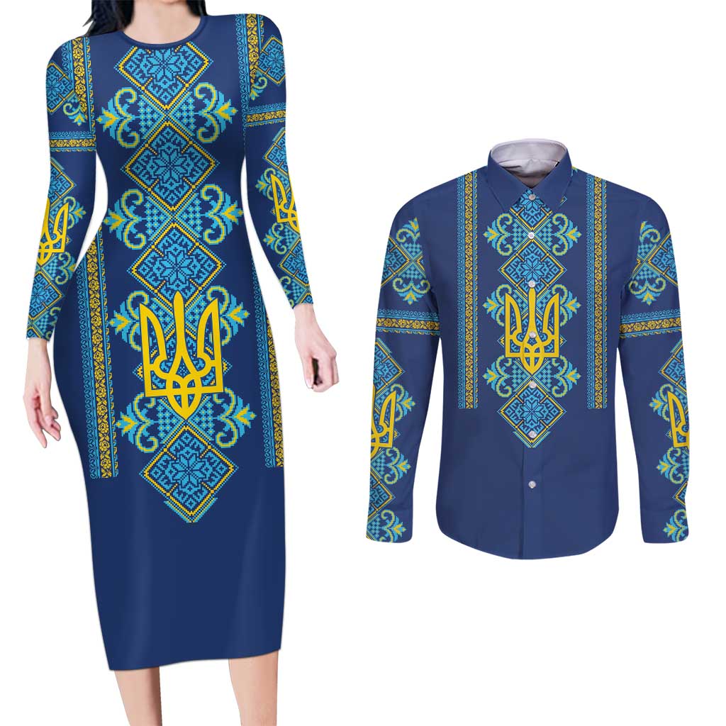 Vyshyvanka Day Couples Matching Long Sleeve Bodycon Dress and Long Sleeve Button Shirt Ukrainian Folk Traditions Pattern Blue Version