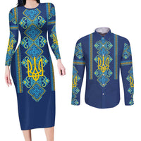Vyshyvanka Day Couples Matching Long Sleeve Bodycon Dress and Long Sleeve Button Shirt Ukrainian Folk Traditions Pattern Blue Version