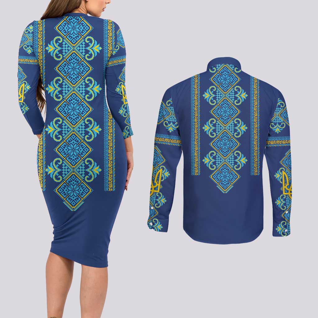 Vyshyvanka Day Couples Matching Long Sleeve Bodycon Dress and Long Sleeve Button Shirt Ukrainian Folk Traditions Pattern Blue Version