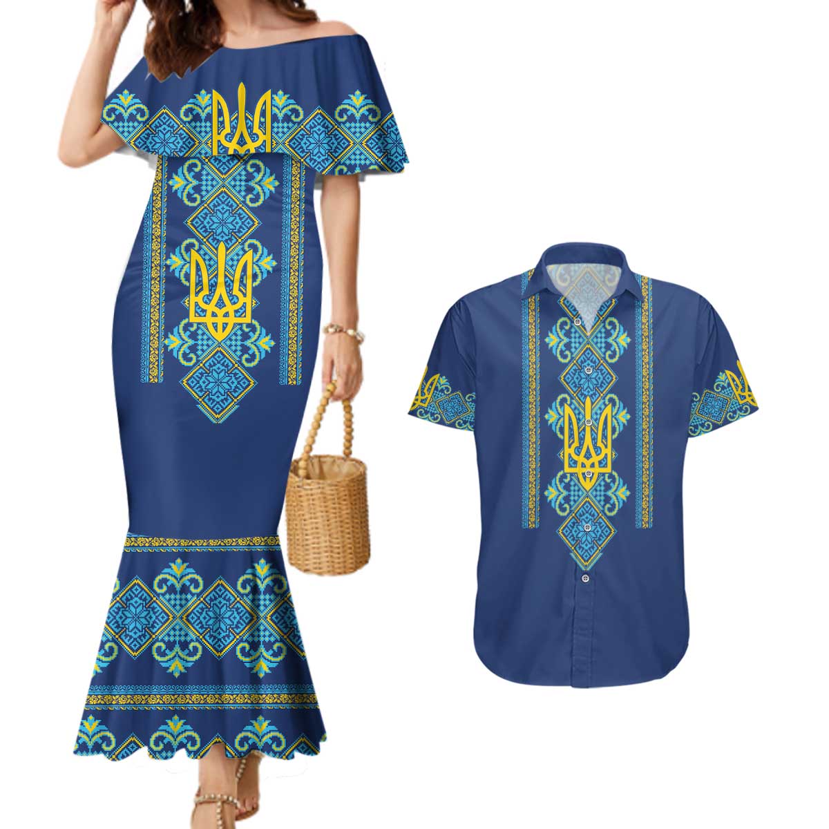 Vyshyvanka Day Couples Matching Mermaid Dress and Hawaiian Shirt Ukrainian Folk Traditions Pattern Blue Version