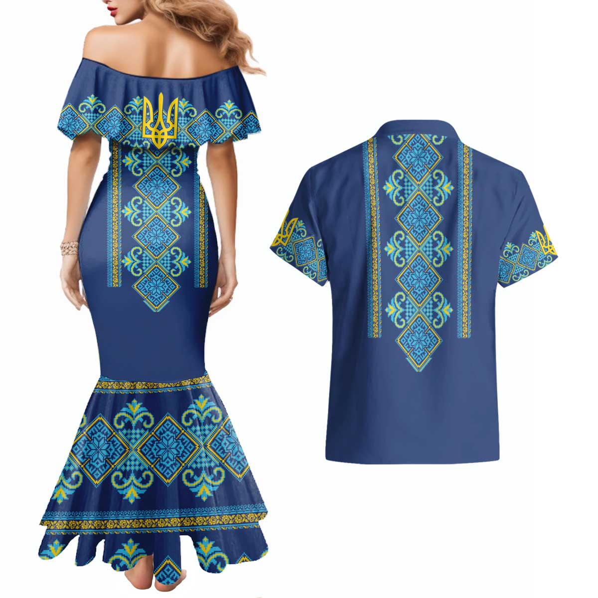 Vyshyvanka Day Couples Matching Mermaid Dress and Hawaiian Shirt Ukrainian Folk Traditions Pattern Blue Version