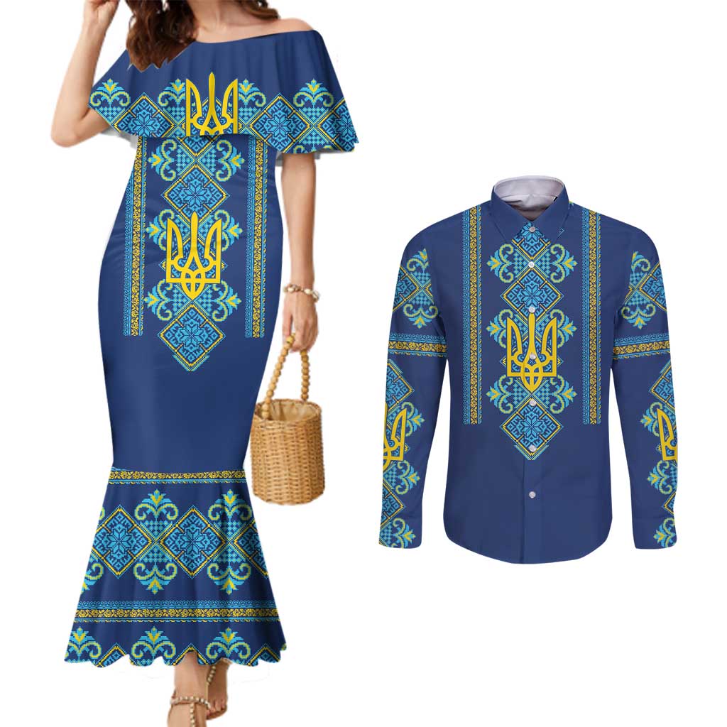 Vyshyvanka Day Couples Matching Mermaid Dress and Long Sleeve Button Shirt Ukrainian Folk Traditions Pattern Blue Version