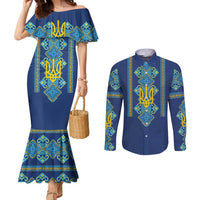 Vyshyvanka Day Couples Matching Mermaid Dress and Long Sleeve Button Shirt Ukrainian Folk Traditions Pattern Blue Version