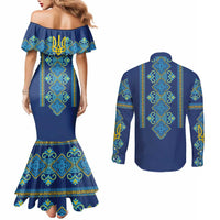 Vyshyvanka Day Couples Matching Mermaid Dress and Long Sleeve Button Shirt Ukrainian Folk Traditions Pattern Blue Version
