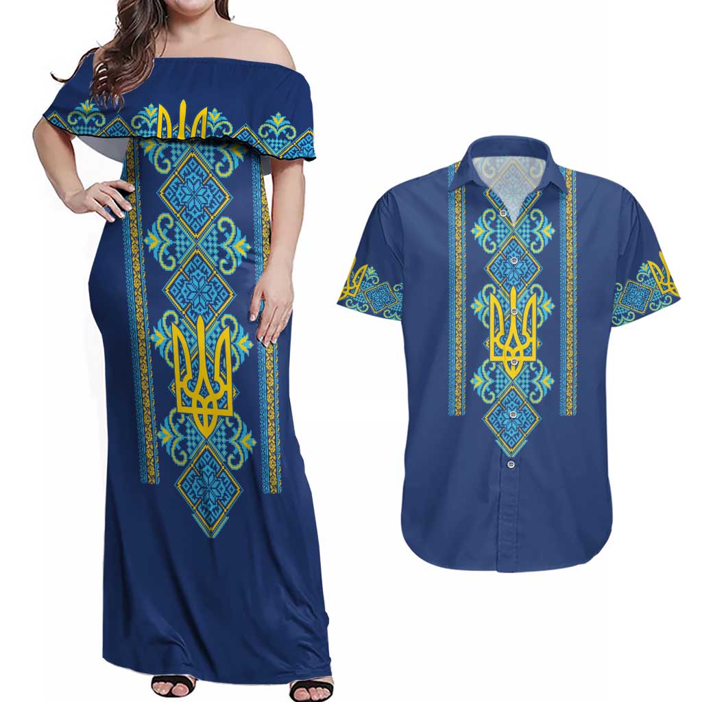 Vyshyvanka Day Couples Matching Off Shoulder Maxi Dress and Hawaiian Shirt Ukrainian Folk Traditions Pattern Blue Version