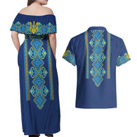 Vyshyvanka Day Couples Matching Off Shoulder Maxi Dress and Hawaiian Shirt Ukrainian Folk Traditions Pattern Blue Version