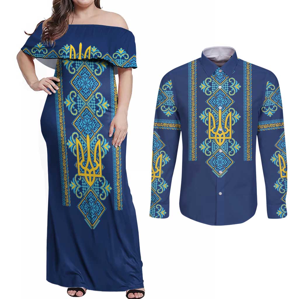 Vyshyvanka Day Couples Matching Off Shoulder Maxi Dress and Long Sleeve Button Shirt Ukrainian Folk Traditions Pattern Blue Version