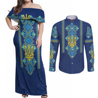 Vyshyvanka Day Couples Matching Off Shoulder Maxi Dress and Long Sleeve Button Shirt Ukrainian Folk Traditions Pattern Blue Version