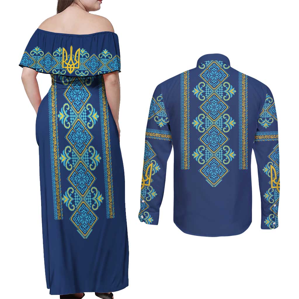 Vyshyvanka Day Couples Matching Off Shoulder Maxi Dress and Long Sleeve Button Shirt Ukrainian Folk Traditions Pattern Blue Version