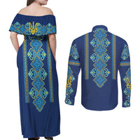 Vyshyvanka Day Couples Matching Off Shoulder Maxi Dress and Long Sleeve Button Shirt Ukrainian Folk Traditions Pattern Blue Version