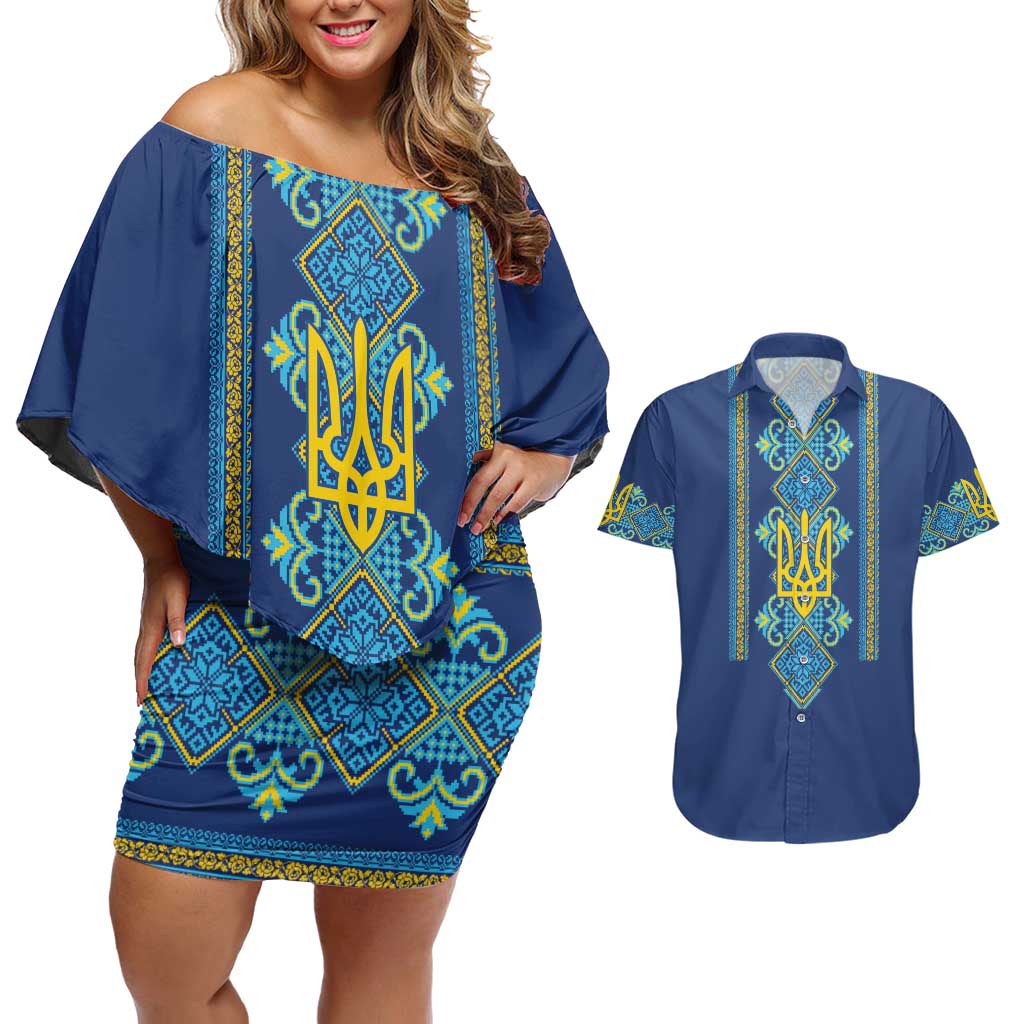 Vyshyvanka Day Couples Matching Off Shoulder Short Dress and Hawaiian Shirt Ukrainian Folk Traditions Pattern Blue Version