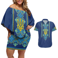 Vyshyvanka Day Couples Matching Off Shoulder Short Dress and Hawaiian Shirt Ukrainian Folk Traditions Pattern Blue Version