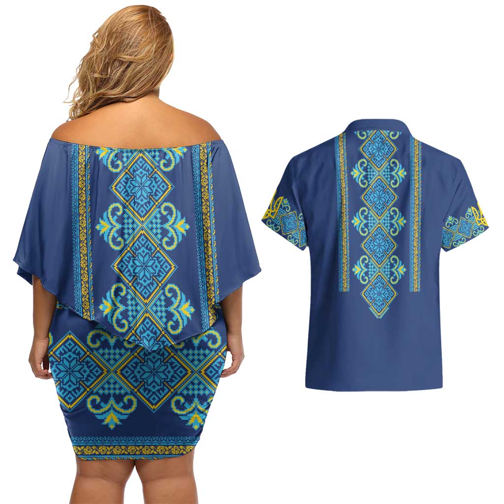 Vyshyvanka Day Couples Matching Off Shoulder Short Dress and Hawaiian Shirt Ukrainian Folk Traditions Pattern Blue Version