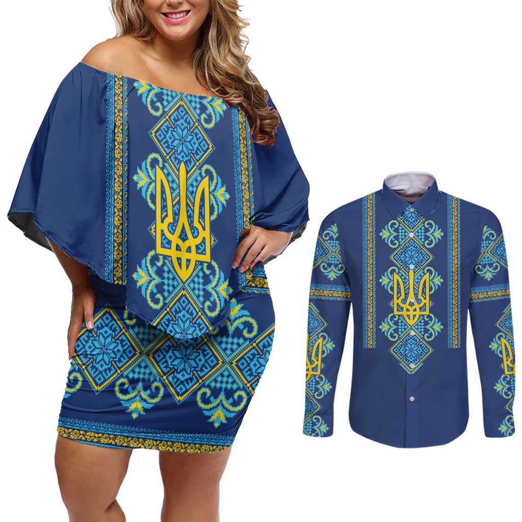 Vyshyvanka Day Couples Matching Off Shoulder Short Dress and Long Sleeve Button Shirt Ukrainian Folk Traditions Pattern Blue Version