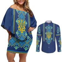 Vyshyvanka Day Couples Matching Off Shoulder Short Dress and Long Sleeve Button Shirt Ukrainian Folk Traditions Pattern Blue Version
