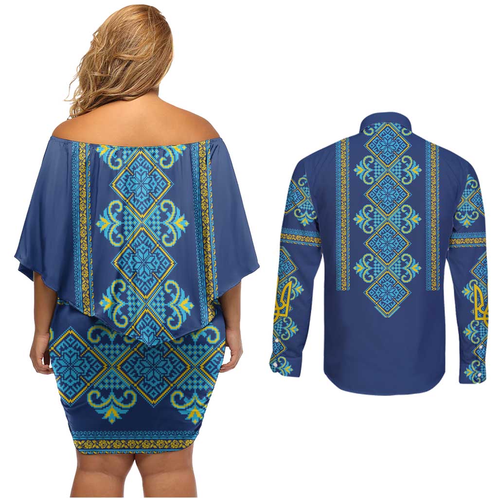 Vyshyvanka Day Couples Matching Off Shoulder Short Dress and Long Sleeve Button Shirt Ukrainian Folk Traditions Pattern Blue Version