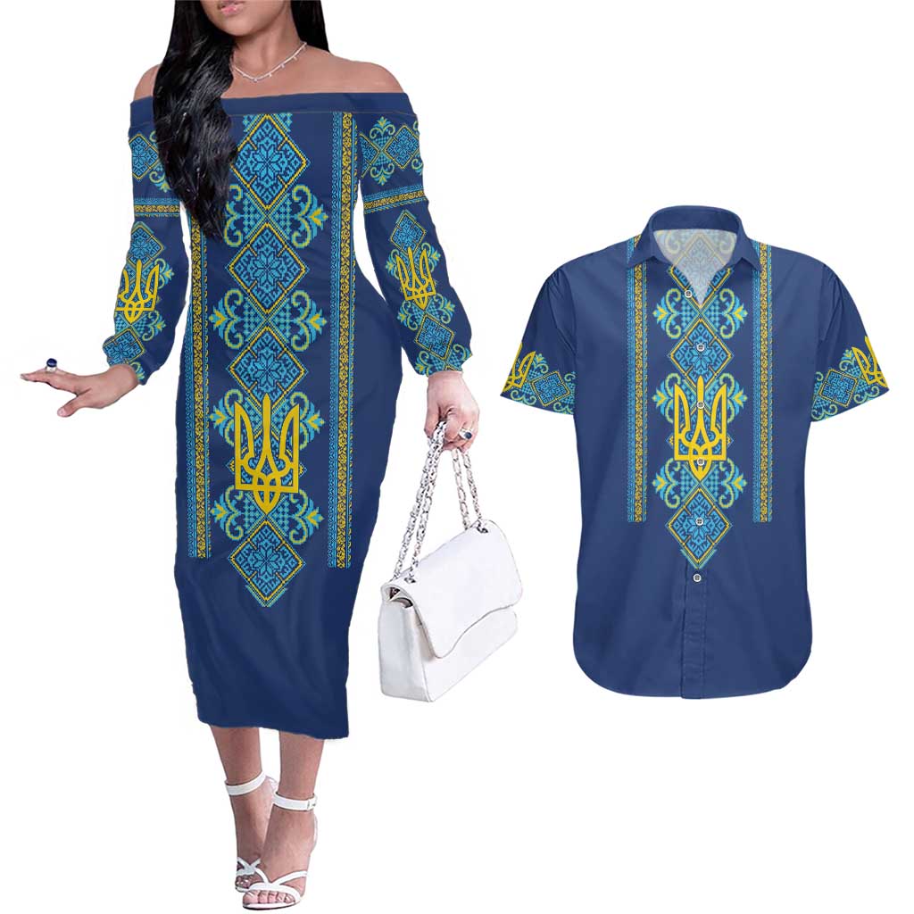 Vyshyvanka Day Couples Matching Off The Shoulder Long Sleeve Dress and Hawaiian Shirt Ukrainian Folk Traditions Pattern Blue Version