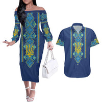 Vyshyvanka Day Couples Matching Off The Shoulder Long Sleeve Dress and Hawaiian Shirt Ukrainian Folk Traditions Pattern Blue Version