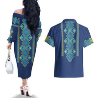 Vyshyvanka Day Couples Matching Off The Shoulder Long Sleeve Dress and Hawaiian Shirt Ukrainian Folk Traditions Pattern Blue Version