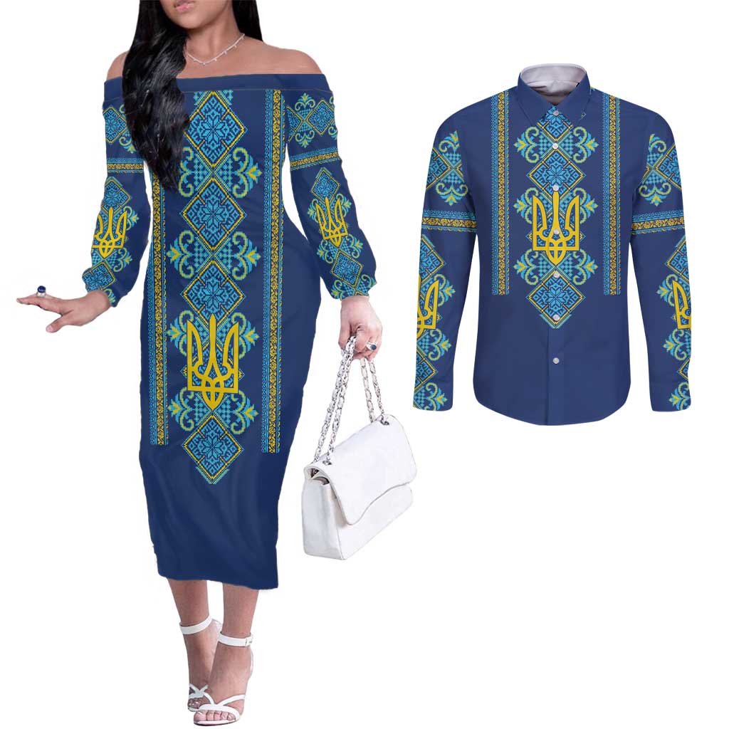 Vyshyvanka Day Couples Matching Off The Shoulder Long Sleeve Dress and Long Sleeve Button Shirt Ukrainian Folk Traditions Pattern Blue Version