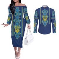 Vyshyvanka Day Couples Matching Off The Shoulder Long Sleeve Dress and Long Sleeve Button Shirt Ukrainian Folk Traditions Pattern Blue Version