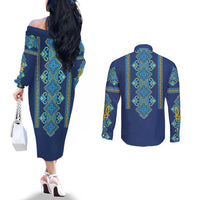 Vyshyvanka Day Couples Matching Off The Shoulder Long Sleeve Dress and Long Sleeve Button Shirt Ukrainian Folk Traditions Pattern Blue Version