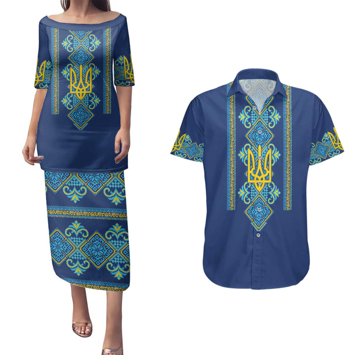 Vyshyvanka Day Couples Matching Puletasi and Hawaiian Shirt Ukrainian Folk Traditions Pattern Blue Version