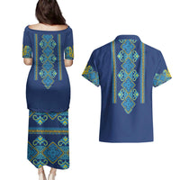 Vyshyvanka Day Couples Matching Puletasi and Hawaiian Shirt Ukrainian Folk Traditions Pattern Blue Version