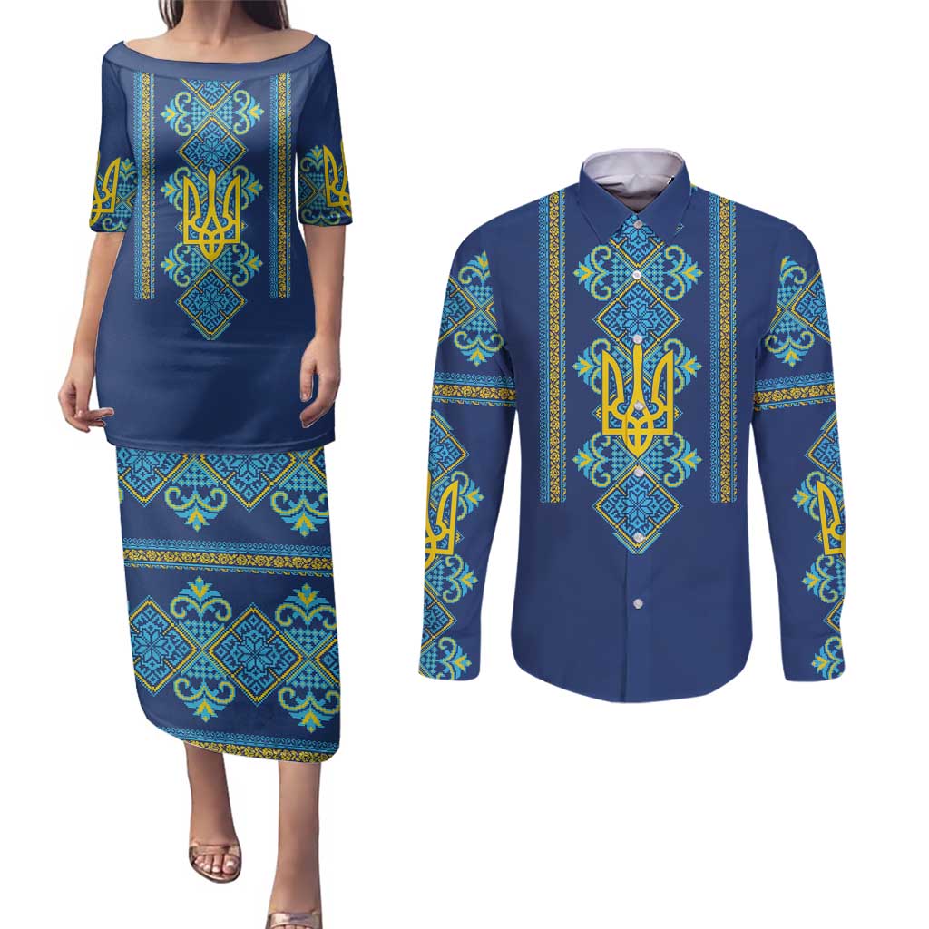 Vyshyvanka Day Couples Matching Puletasi and Long Sleeve Button Shirt Ukrainian Folk Traditions Pattern Blue Version