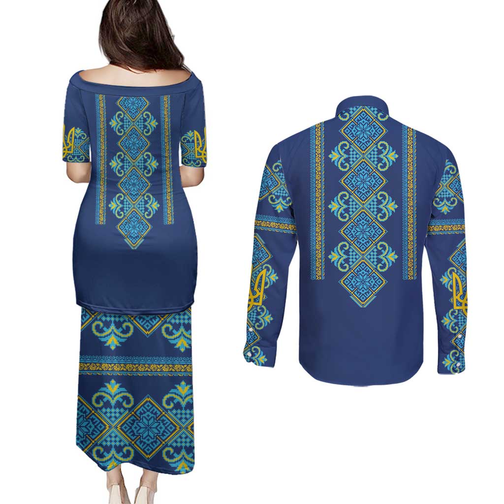 Vyshyvanka Day Couples Matching Puletasi and Long Sleeve Button Shirt Ukrainian Folk Traditions Pattern Blue Version