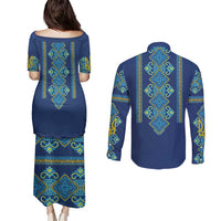 Vyshyvanka Day Couples Matching Puletasi and Long Sleeve Button Shirt Ukrainian Folk Traditions Pattern Blue Version
