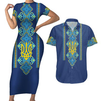 Vyshyvanka Day Couples Matching Short Sleeve Bodycon Dress and Hawaiian Shirt Ukrainian Folk Traditions Pattern Blue Version