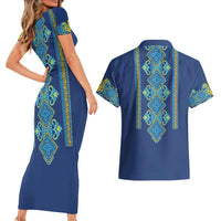 Vyshyvanka Day Couples Matching Short Sleeve Bodycon Dress and Hawaiian Shirt Ukrainian Folk Traditions Pattern Blue Version