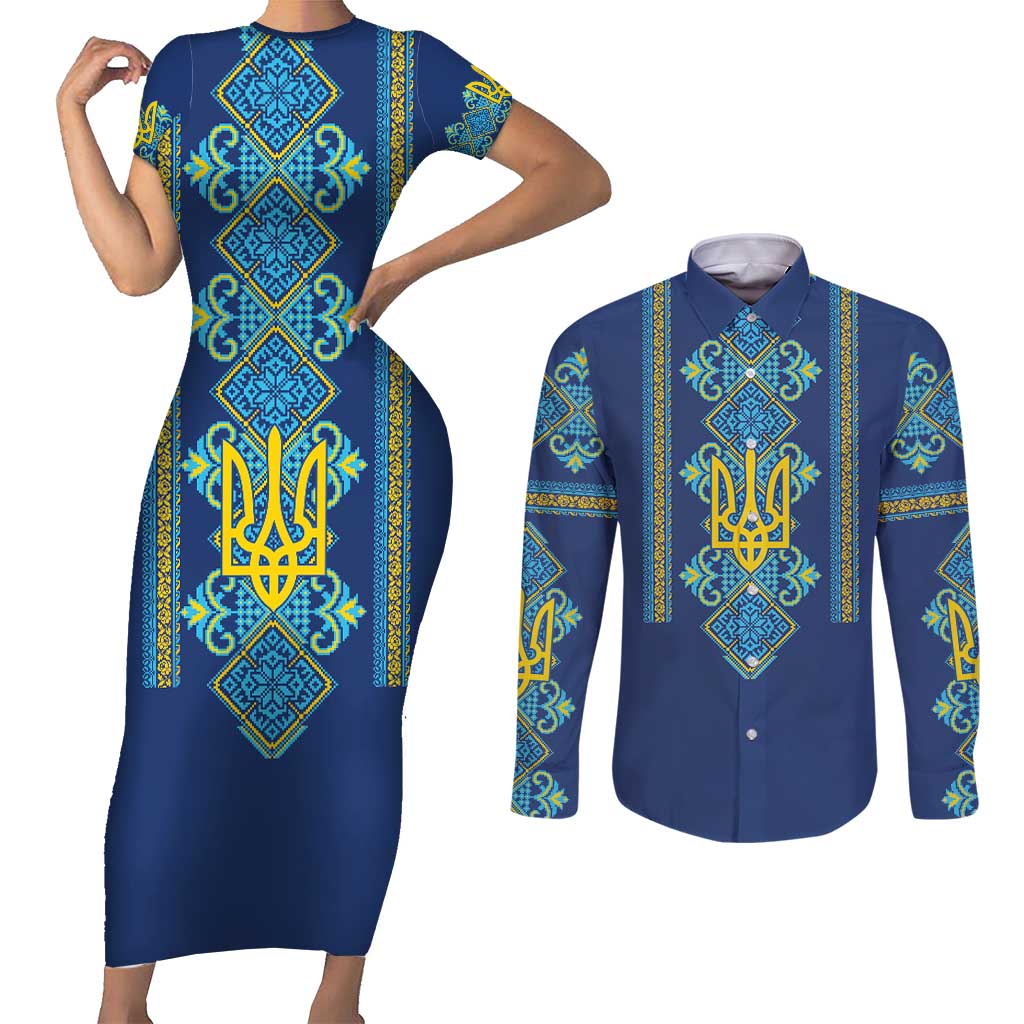 Vyshyvanka Day Couples Matching Short Sleeve Bodycon Dress and Long Sleeve Button Shirt Ukrainian Folk Traditions Pattern Blue Version