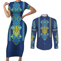 Vyshyvanka Day Couples Matching Short Sleeve Bodycon Dress and Long Sleeve Button Shirt Ukrainian Folk Traditions Pattern Blue Version