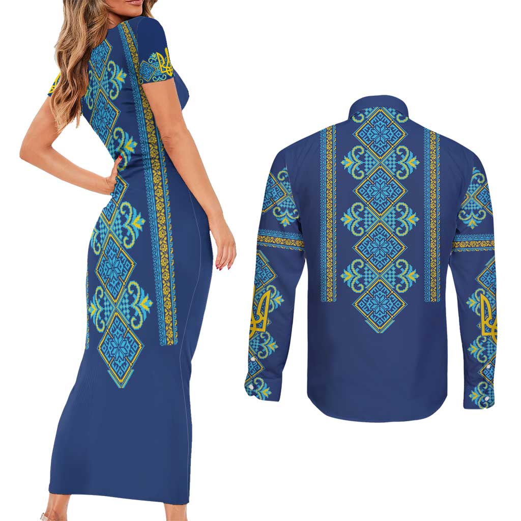 Vyshyvanka Day Couples Matching Short Sleeve Bodycon Dress and Long Sleeve Button Shirt Ukrainian Folk Traditions Pattern Blue Version