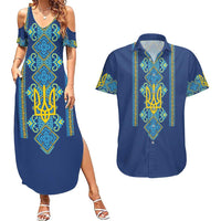 Vyshyvanka Day Couples Matching Summer Maxi Dress and Hawaiian Shirt Ukrainian Folk Traditions Pattern Blue Version