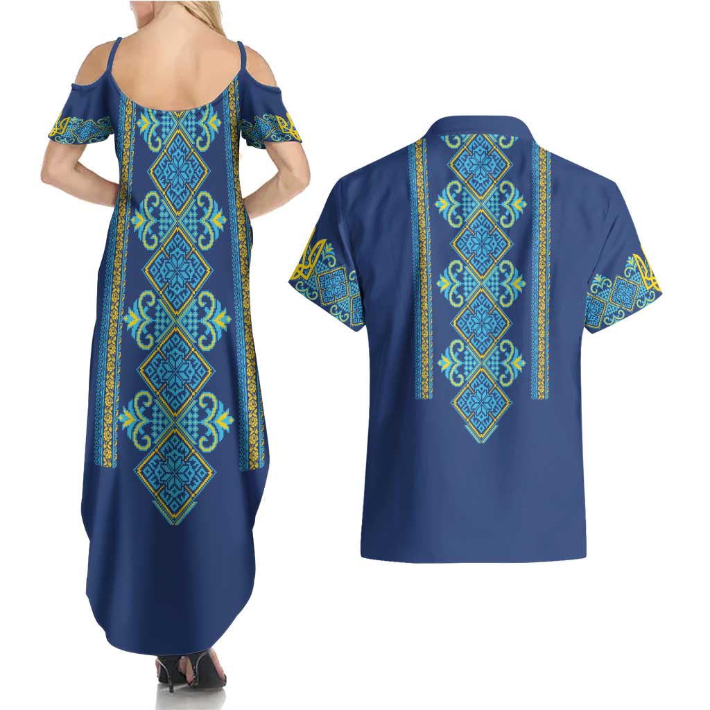 Vyshyvanka Day Couples Matching Summer Maxi Dress and Hawaiian Shirt Ukrainian Folk Traditions Pattern Blue Version