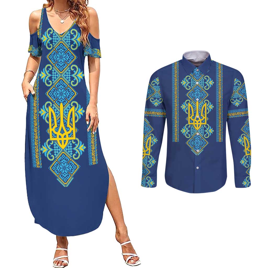 Vyshyvanka Day Couples Matching Summer Maxi Dress and Long Sleeve Button Shirt Ukrainian Folk Traditions Pattern Blue Version