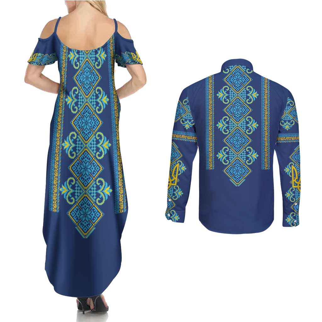 Vyshyvanka Day Couples Matching Summer Maxi Dress and Long Sleeve Button Shirt Ukrainian Folk Traditions Pattern Blue Version