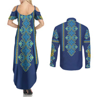 Vyshyvanka Day Couples Matching Summer Maxi Dress and Long Sleeve Button Shirt Ukrainian Folk Traditions Pattern Blue Version