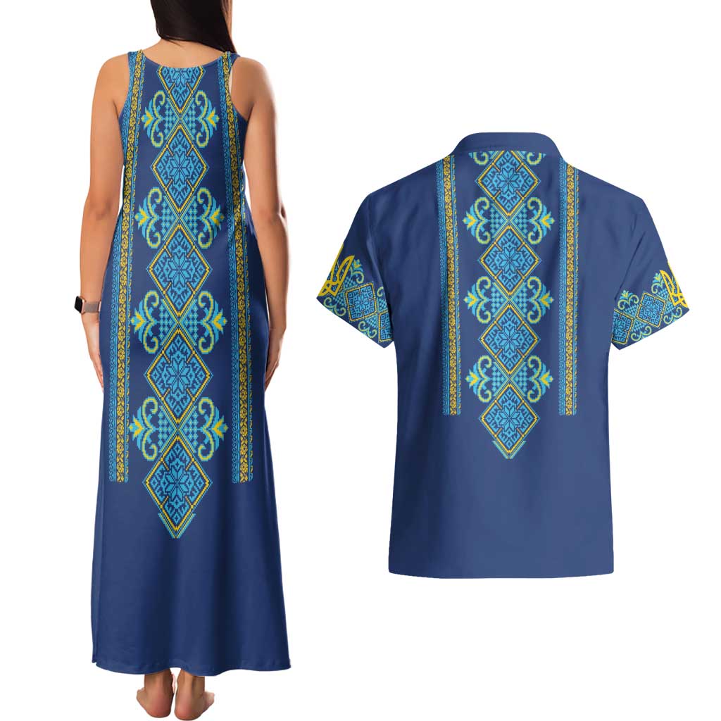 Vyshyvanka Day Couples Matching Tank Maxi Dress and Hawaiian Shirt Ukrainian Folk Traditions Pattern Blue Version