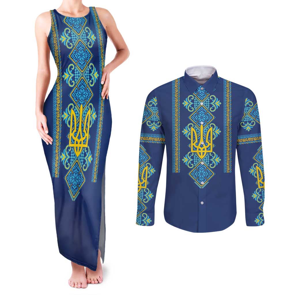 Vyshyvanka Day Couples Matching Tank Maxi Dress and Long Sleeve Button Shirt Ukrainian Folk Traditions Pattern Blue Version