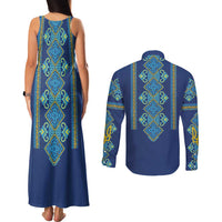 Vyshyvanka Day Couples Matching Tank Maxi Dress and Long Sleeve Button Shirt Ukrainian Folk Traditions Pattern Blue Version
